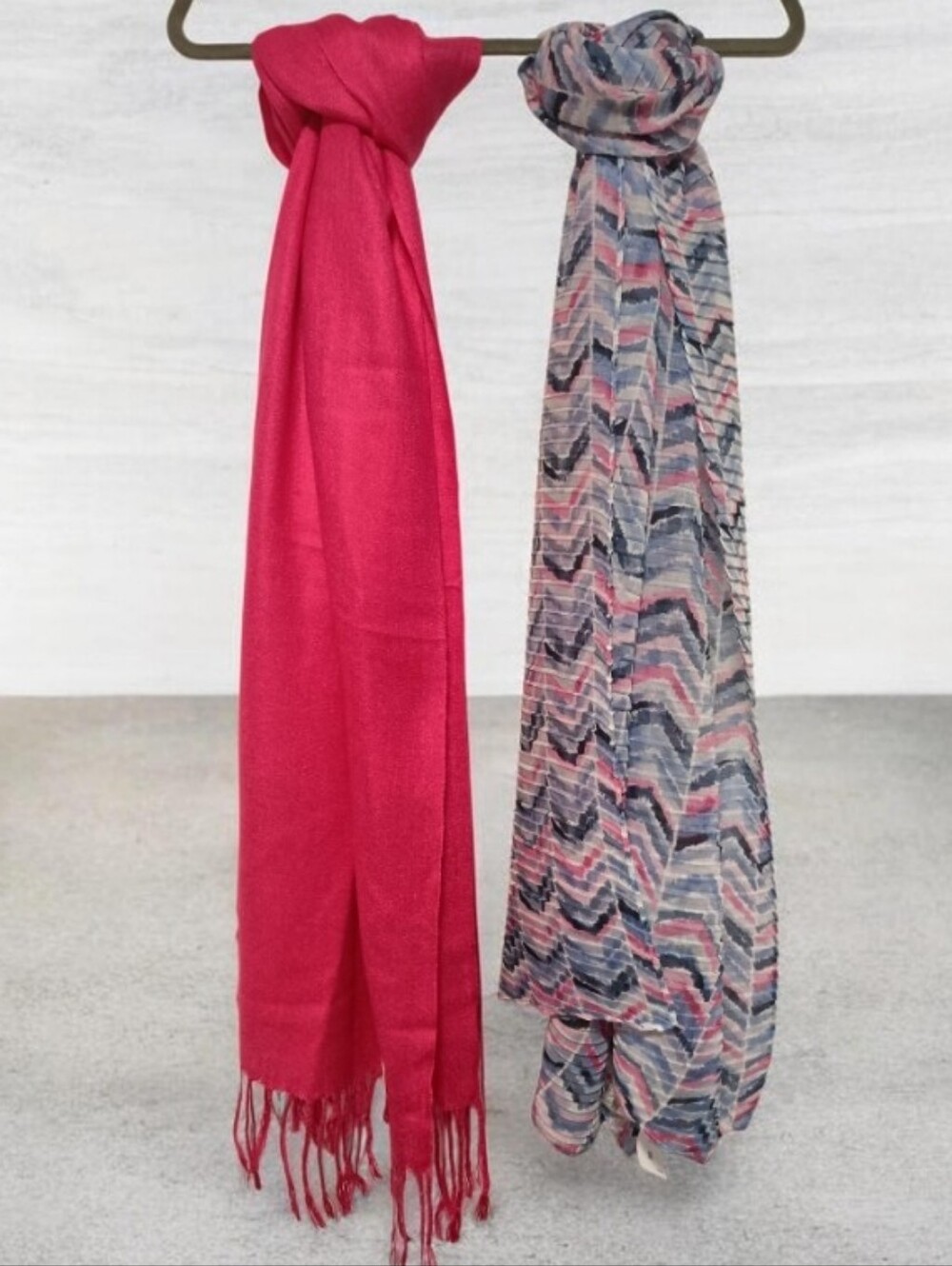 Pashmina Hot Pink Solid Scarf and Rabe Chevron Wrap Pink & Blue